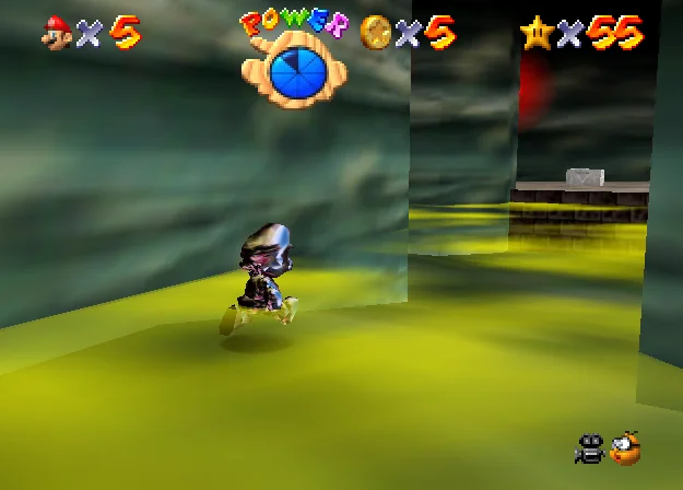 Metal Mario walking through the toxic haze in Hazy Maze Cave, immune to the gas damage in Super Mario 64.
