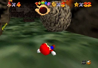 The rolling rock ramp in Hazy Maze Cave in Super Mario 64, where boulders tumble down toward Mario.
