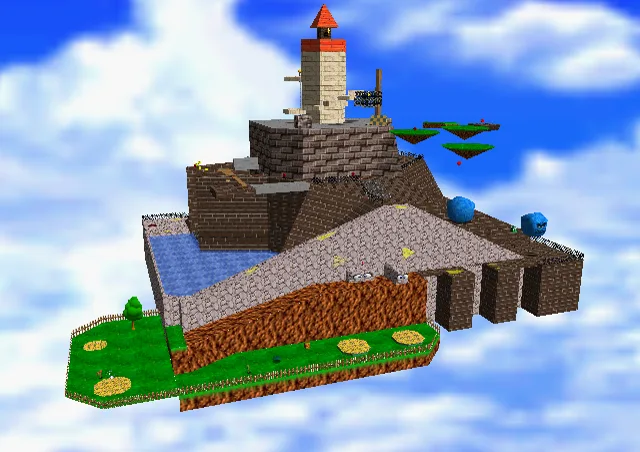 Whomp's Fortress in Super Mario 64, a stack of stone platforms that doubles as the game's best movement practice course.