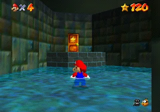 The castle basement, where two brick pillars drain the moat and a Toad hands over a free Power Star.