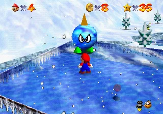 Mario facing off against the Chill Bully on the icy platform in Snowman's Land in Super Mario 64.