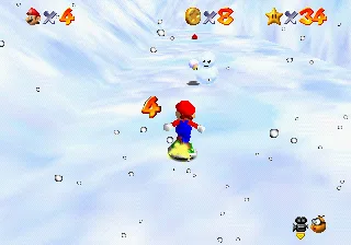 Mario riding the Shiny Shell across the snow to collect Red Coins in Snowman's Land in Super Mario 64.