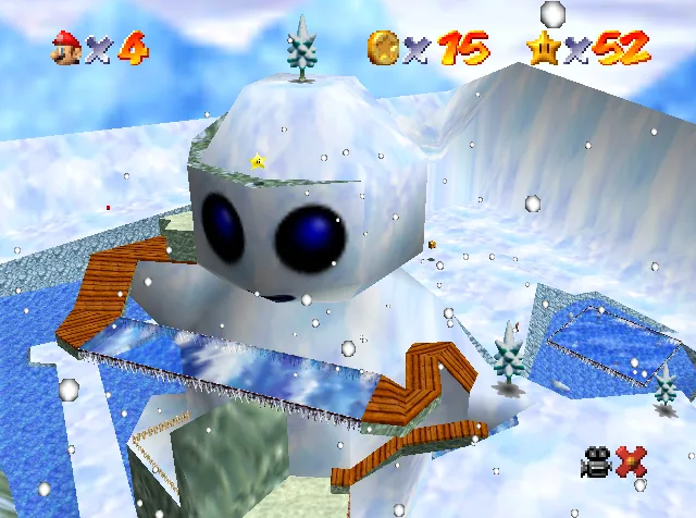 Snowman's Land in Super Mario 64, the snowman-shaped mountain rising over a frozen pond with a penguin near the water.