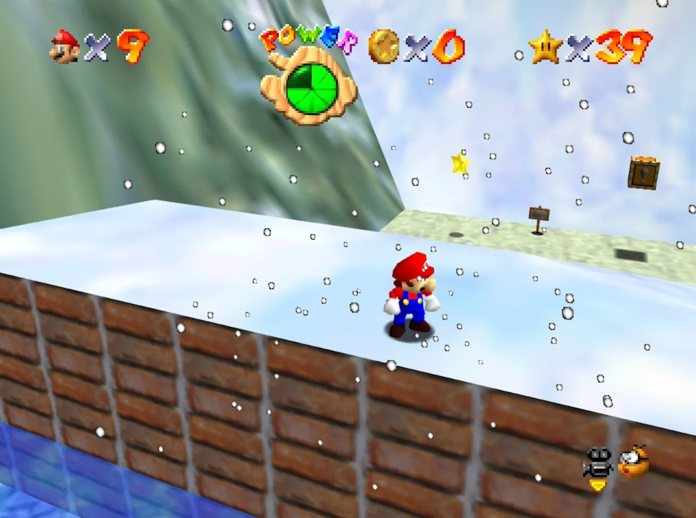 Mario navigating the freezing pond in Snowman's Land in Super Mario 64, with Spindrifts patrolling the icy water.
