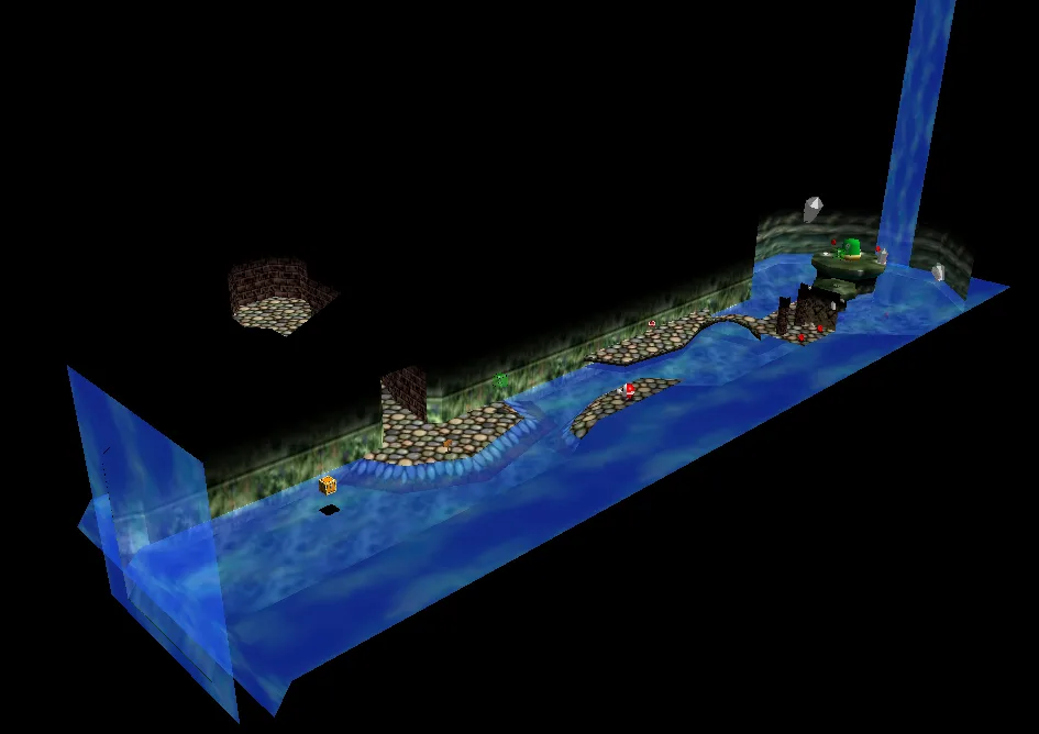 An overhead view of the Cavern of the Metal Cap in Super Mario 64: a long channel of blue water runs between dark walls, with winding cobblestone paths through the middle, translucent waterfalls at both ends and the green cap switch on a ledge beside the far waterfall.