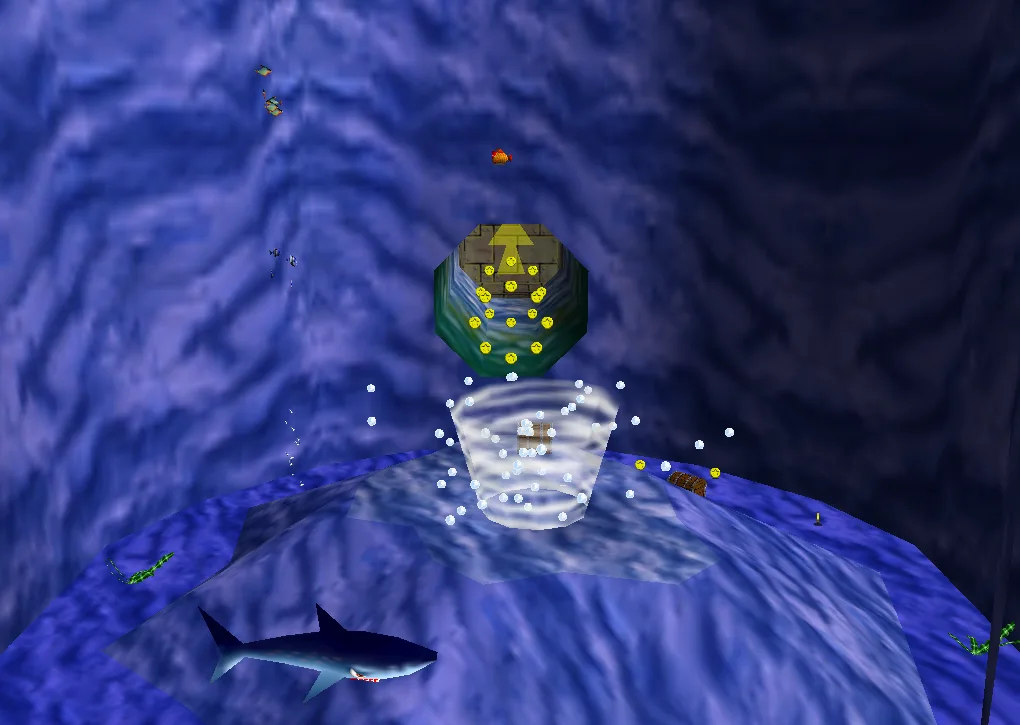 The first area of Dire, Dire Docks in Super Mario 64: a translucent white whirlpool funnel spins on the sea floor in a cloud of bubbles, with treasure chests nearby, a shark in the lower left, and the octagonal tunnel to the second area behind it, lined with rings of yellow coins below a yellow arrow.