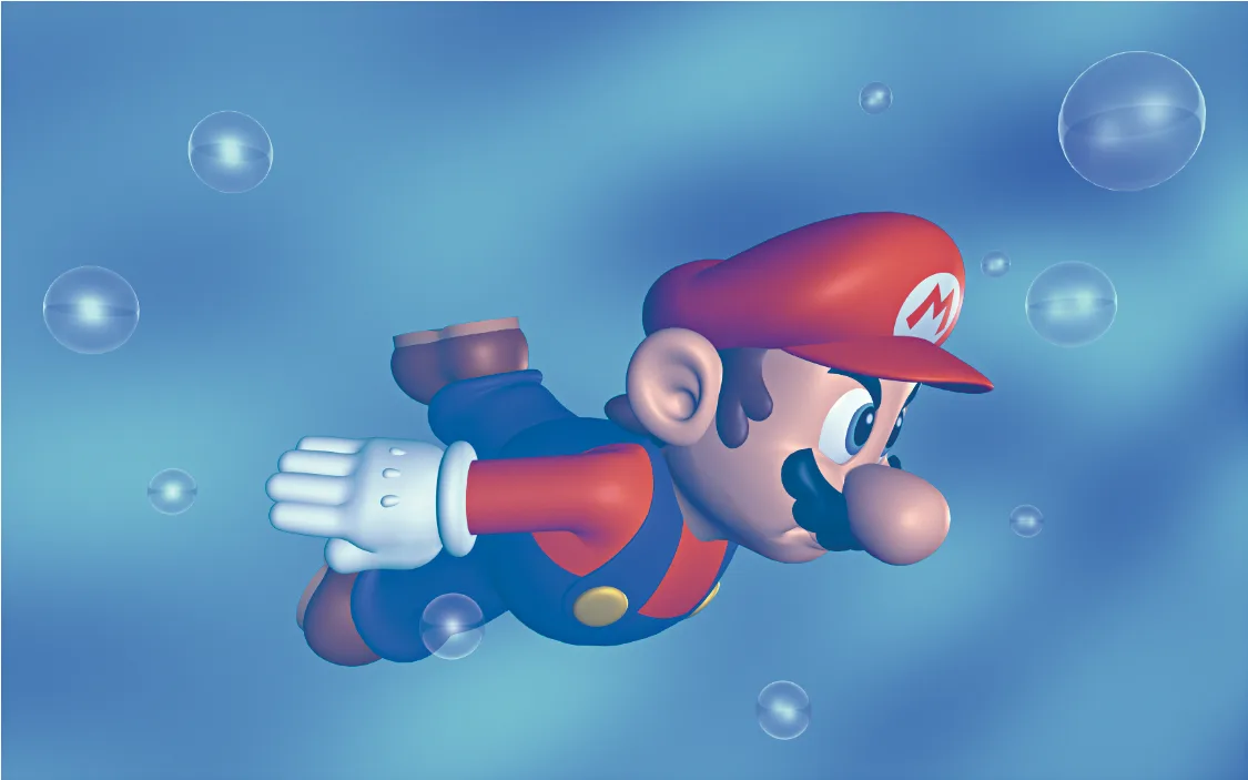 Official Super Mario 64 artwork of Mario swimming to the right through pale blue water among clear bubbles, one gloved hand swept back along his side and his legs stretched out behind him.