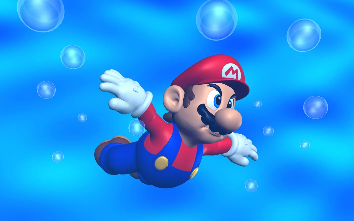 Official Super Mario 64 artwork of Mario swimming to the right through bright blue water, arms spread mid-stroke and legs trailing behind him, with clear bubbles floating all around.