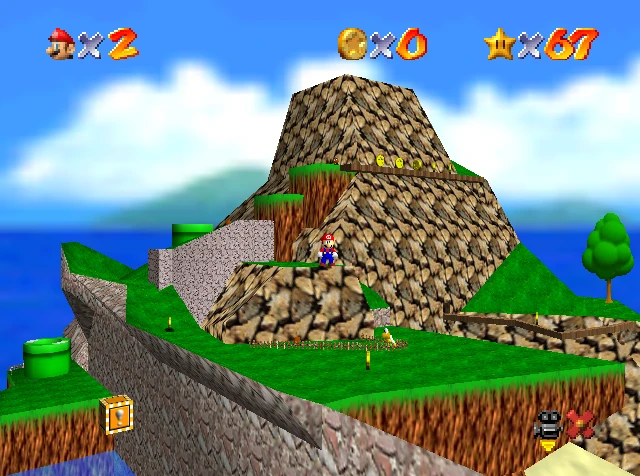 Mario standing on a grassy ledge of Tiny-Huge Island in Super Mario 64, with the rocky mountain peak rising behind him and a green warp pipe below.