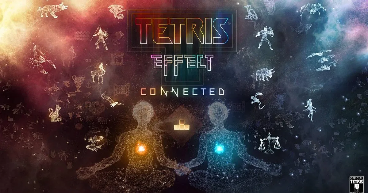 Tetris Effect: Connected key art showing two luminous figures seated facing each other across a glowing tetromino against a starfield.