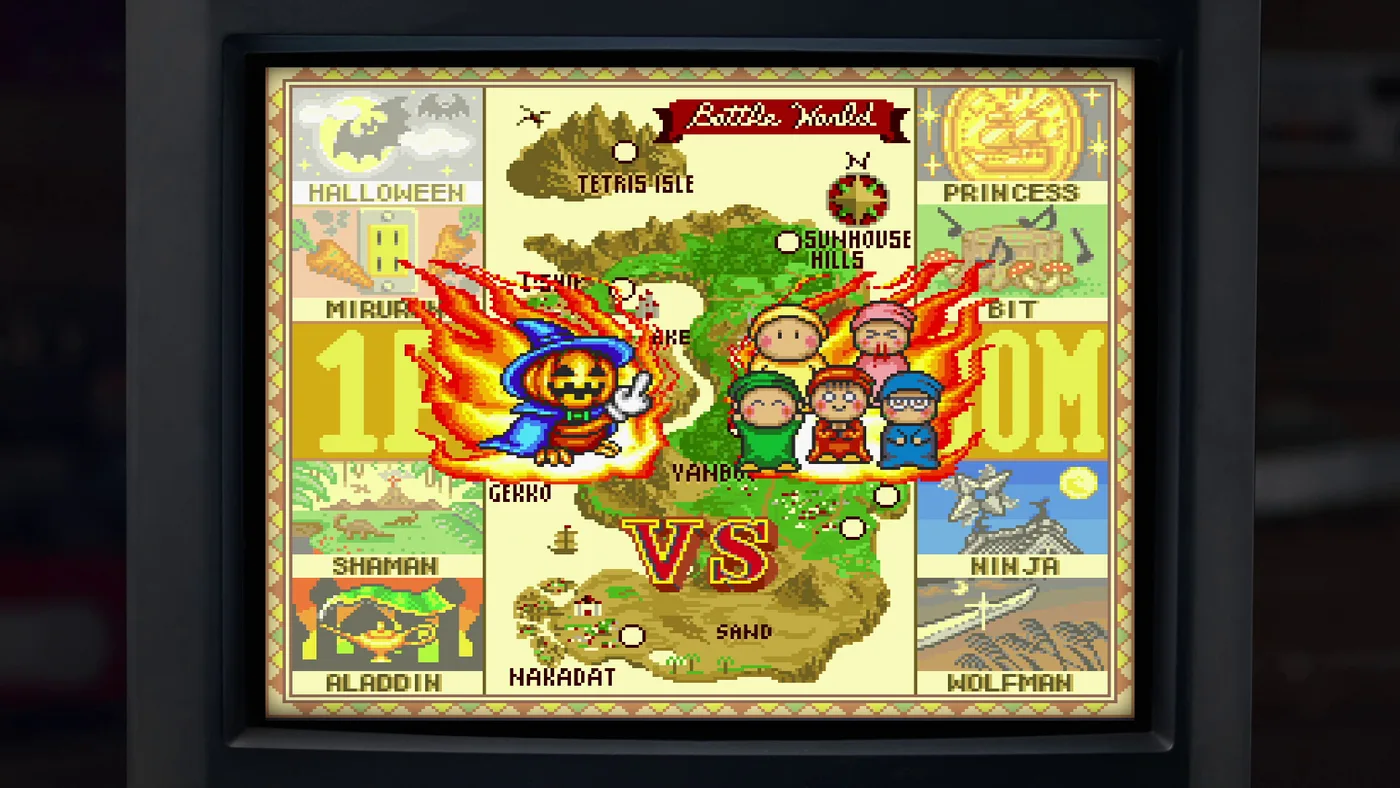The Tetris Battle Gaiden Battle World screen on a CRT: a parchment map with places such as Tetris Isle, Sunhouse Hills and Sand, a pumpkin-headed wizard in a blue cloak facing five round-faced characters across a red VS, all ringed in flames, with portraits labelled Halloween, Mirurun, Shaman, Aladdin, Princess, Bit, Ninja and Wolfman around the edge.