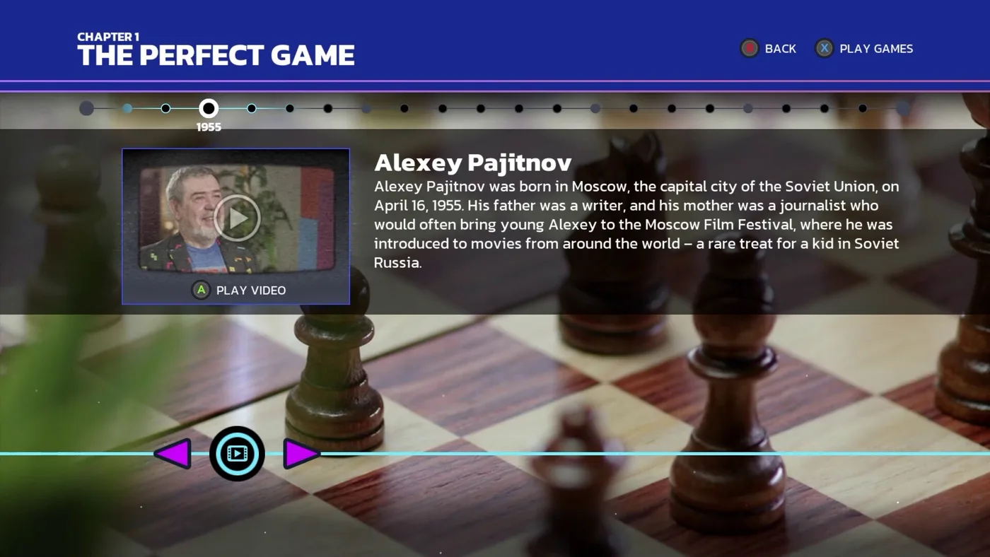 Tetris Forever's museum screen for Chapter 1, The Perfect Game: a timeline of dots with 1955 selected over a blurred chessboard, a video thumbnail of Alexey Pajitnov with a PLAY VIDEO prompt, and a short biography noting he was born in Moscow on April 16, 1955.