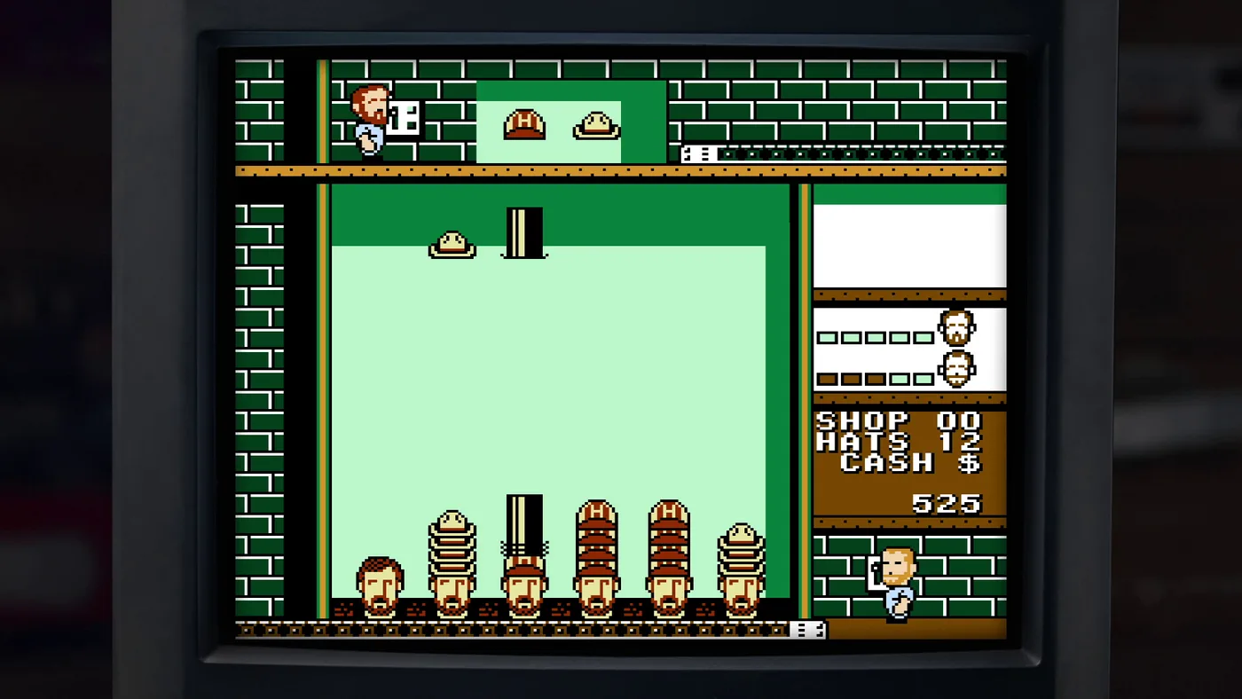 Hatris in Tetris Forever on a CRT: a falling pair of a tan hat and a black top hat over a pale green field, six bearded heads along the floor with stacks of hats on five of them, several of those red caps marked with an H, two bar meters beside small portraits on the right, and SHOP 00, HATS 12, CASH $ 525.