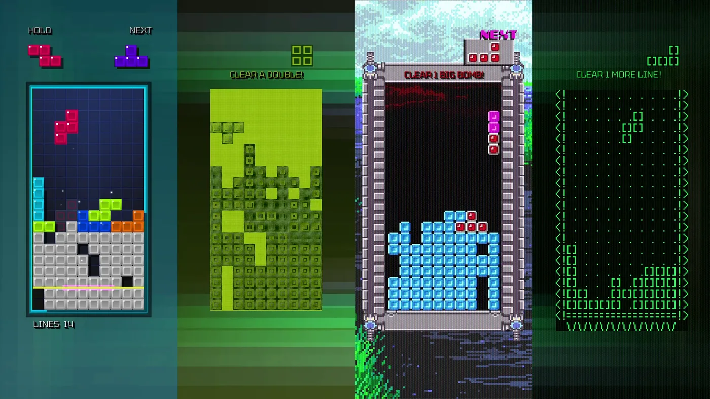 Tetris Time Warp screenshot split into four eras: a modern playfield with a red Z on hold, a purple T next and LINES 14; a pea-green Game Boy-style field reading CLEAR A DOUBLE!; a Bombliss-style field of blue blocks and red bombs reading CLEAR 1 BIG BOMB!; and a green Electronika 60-style field drawn in bracket characters reading CLEAR 1 MORE LINE!