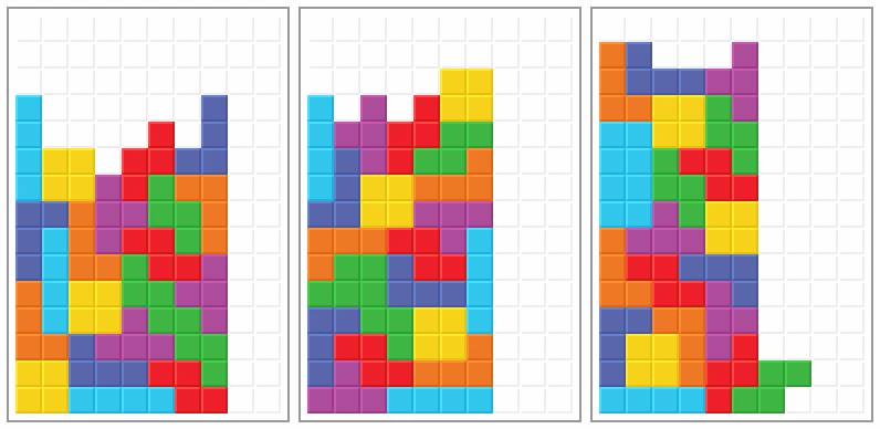 Side-stacked 2-wide, 3-wide and 4-wide combo towers after three bags each.