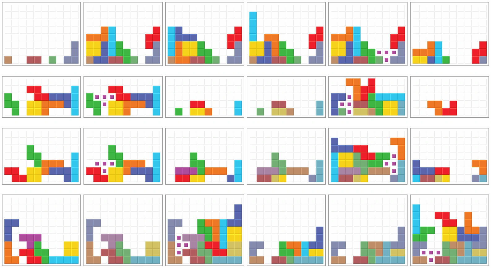 Build sequences for four Tetris openers shown as reference strips: TKI-3 castle top, Albatross, Hachispin and C-Spin.