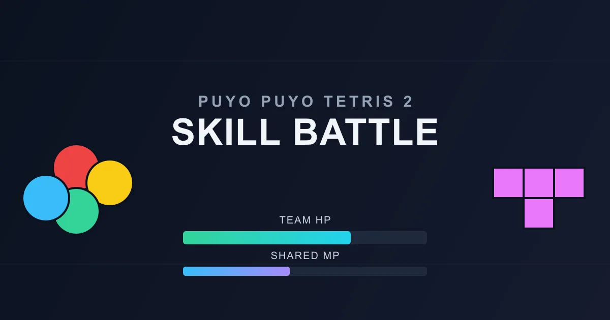 Title card for Puyo Puyo Tetris 2 Skill Battle showing a Puyo cluster, a T-tetromino, a team HP bar, and a shared MP gauge.