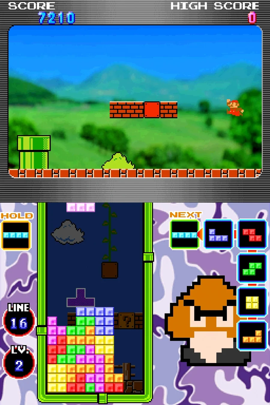 Tetris DS standard mode across both DS screens, with an I piece in Hold, a six-piece next queue showing I, J, Z, S, O and L, and a Mario-themed playfield at level 2 with 16 lines cleared.