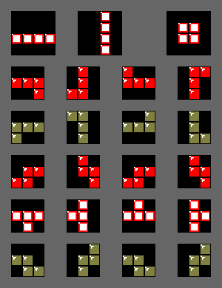 The seven tetrominoes as drawn in NES Tetris, showing every rotation state available in the right-handed Nintendo Rotation System.