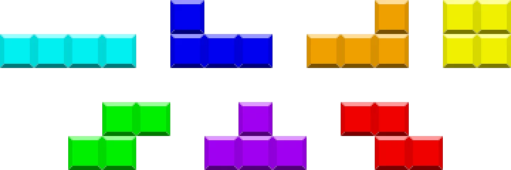 The seven tetrominoes: I, J, L, O, S, Z, and T, the complete set the randomizer deals from.
