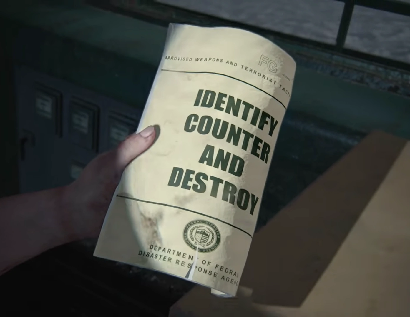 A training manual being examined in The Last of Us Part I — the only collectible type that permanently upgrades Joel's crafted gear.