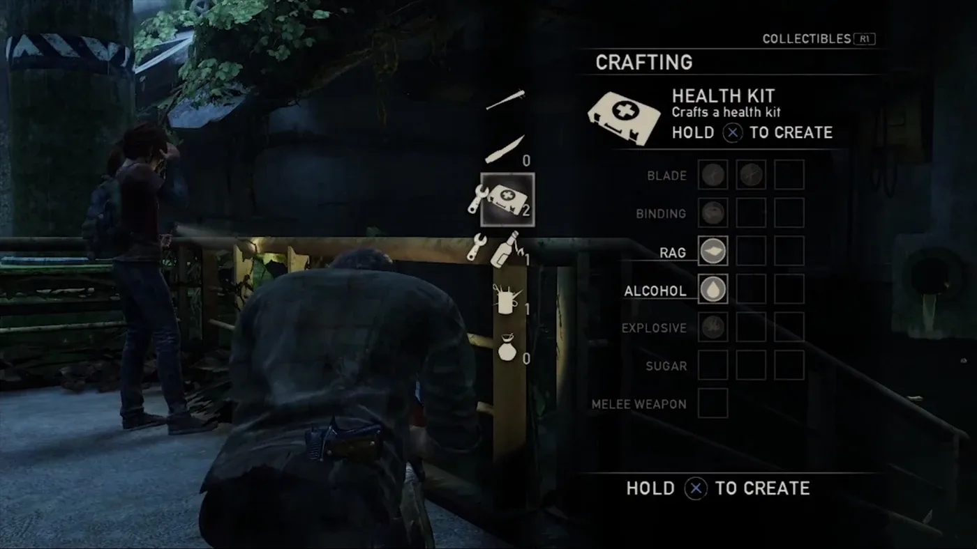Joel opening the real-time crafting menu in The Last of Us, showing scavenged components laid out in the backpack view.
