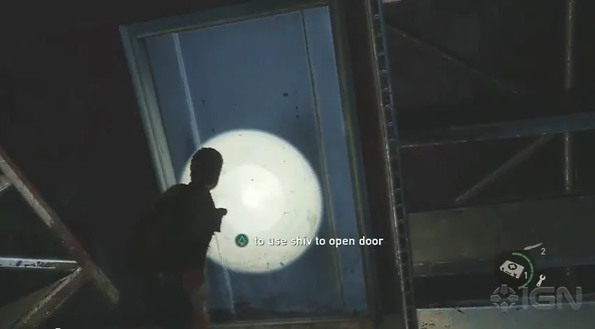 A shiv door in The Last of Us — one of thirteen locked rooms that each consume a whole shiv and contain a supply stash.