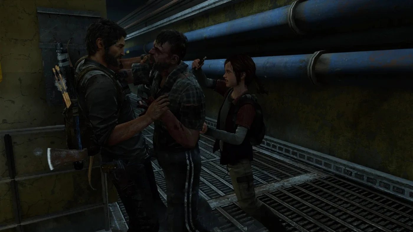Joel using a shiv on a runner — shivs are the game's only silent instant kill and the only escape from a clicker grab.