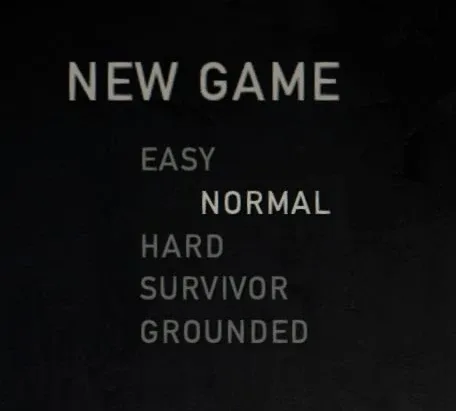 The difficulty selection screen in The Last of Us, showing the five available modes.