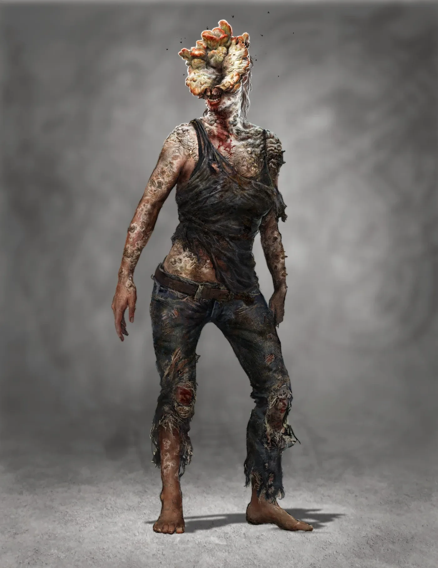A clicker, the third infected stage in The Last of Us, its face split open by fungal plates that leave it completely blind and force it to hunt by echolocation.