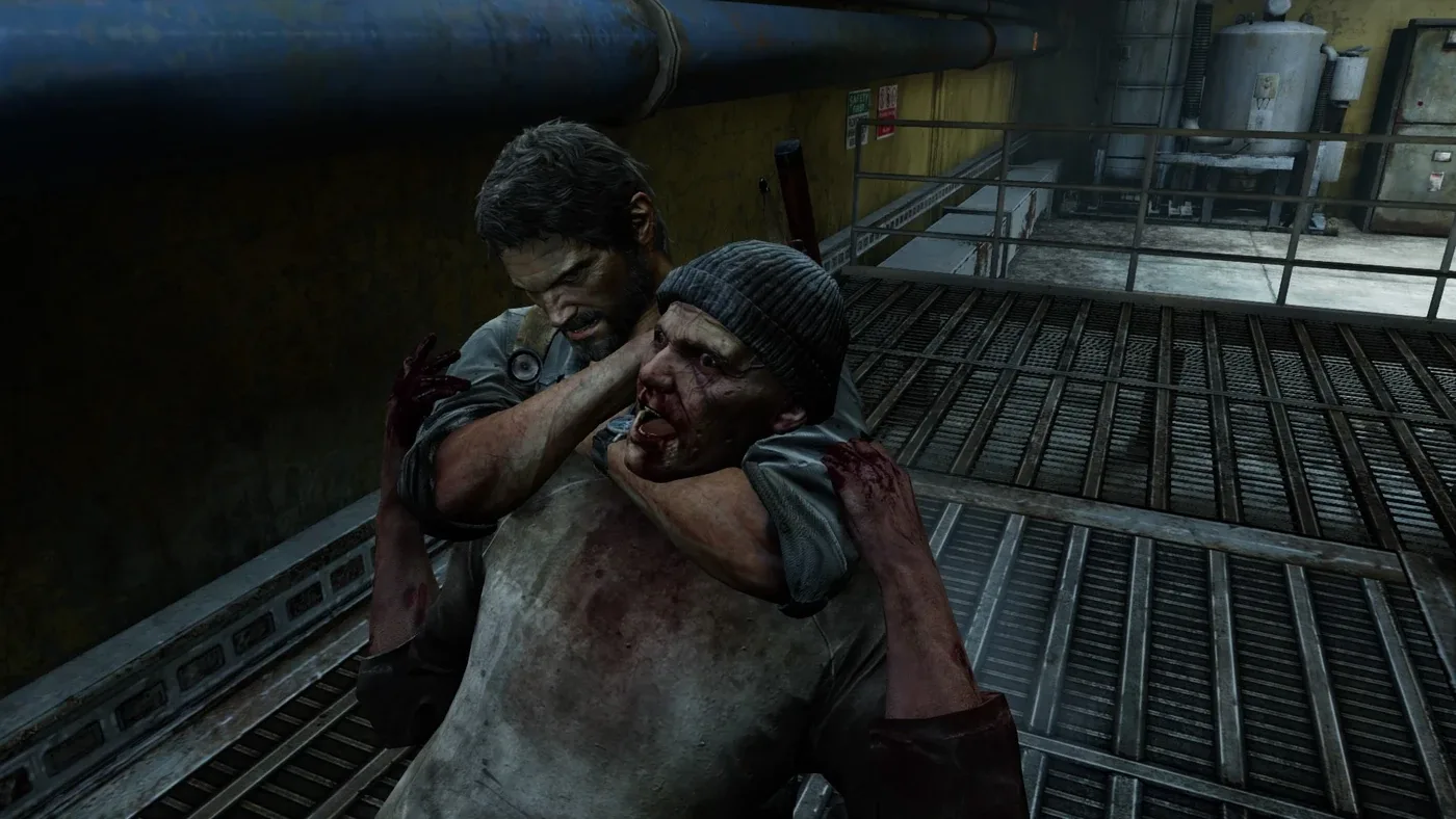 Joel choking out a runner from behind — the first infected stage can be silently strangled, unlike a clicker.