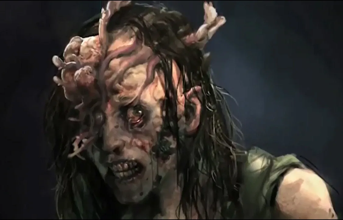 A stalker, the second infected stage, with early fungal growth across its face — it takes cover and ambushes rather than charging.