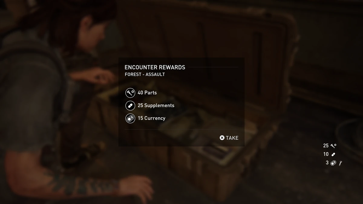 The encounter rewards screen in No Return showing 40 Parts, 25 Supplements and 15 Currency in an open supply case.