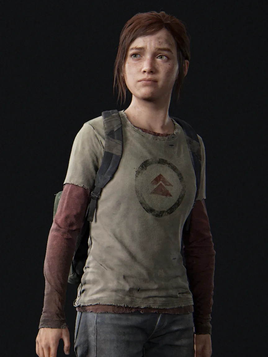 Ellie wearing the Ghost of Tsushima shirt, a faded beige T-shirt with a rust-red double-chevron emblem in a dark circle, over red long sleeves with her backpack straps on, one of the 15-point PlayStation shirts in The Last of Us Part I.