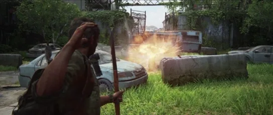 Joel drawing a bow as an arrow explodes between a parked car and a concrete barrier on an overgrown street, the wiki's image for the Explosive Arrows gameplay modifier in The Last of Us Part I.