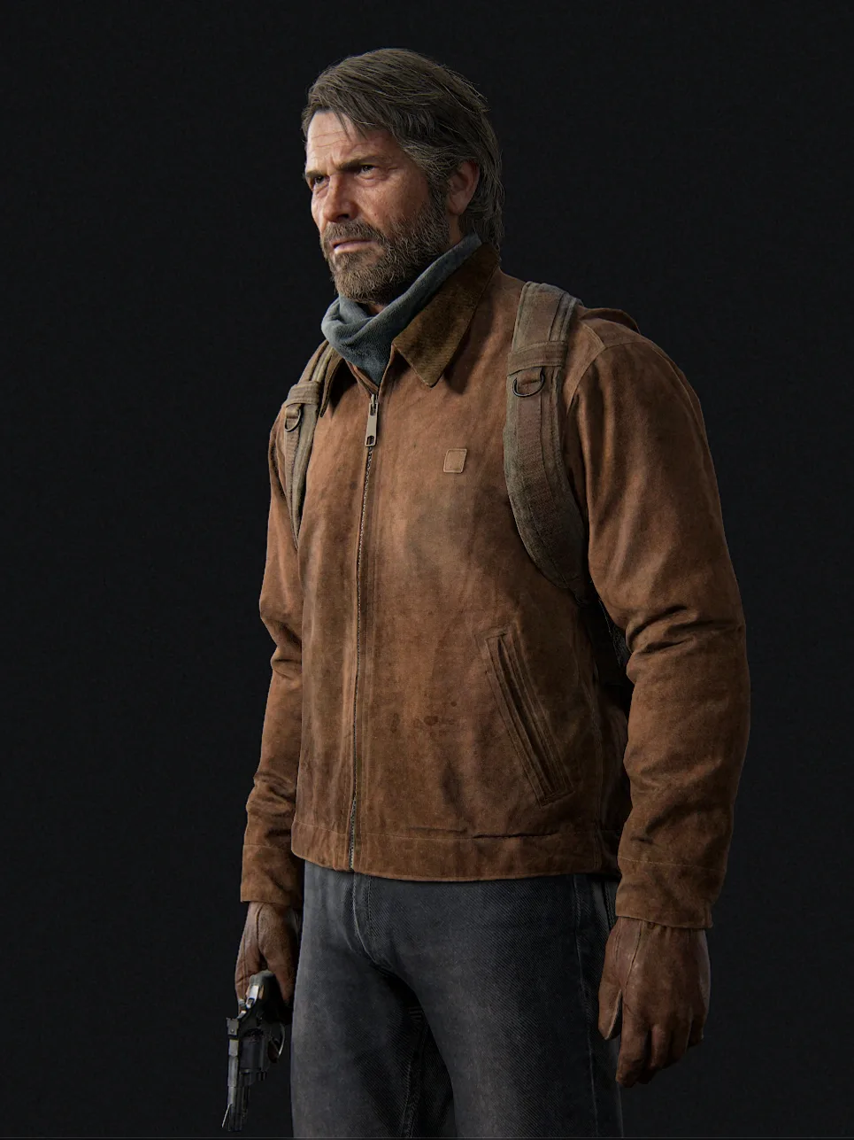 Joel in the Winter Gear outfit, a worn brown suede jacket with a grey scarf, backpack straps over both shoulders and a revolver in his right hand, the one new Joel outfit in The Last of Us Part I.