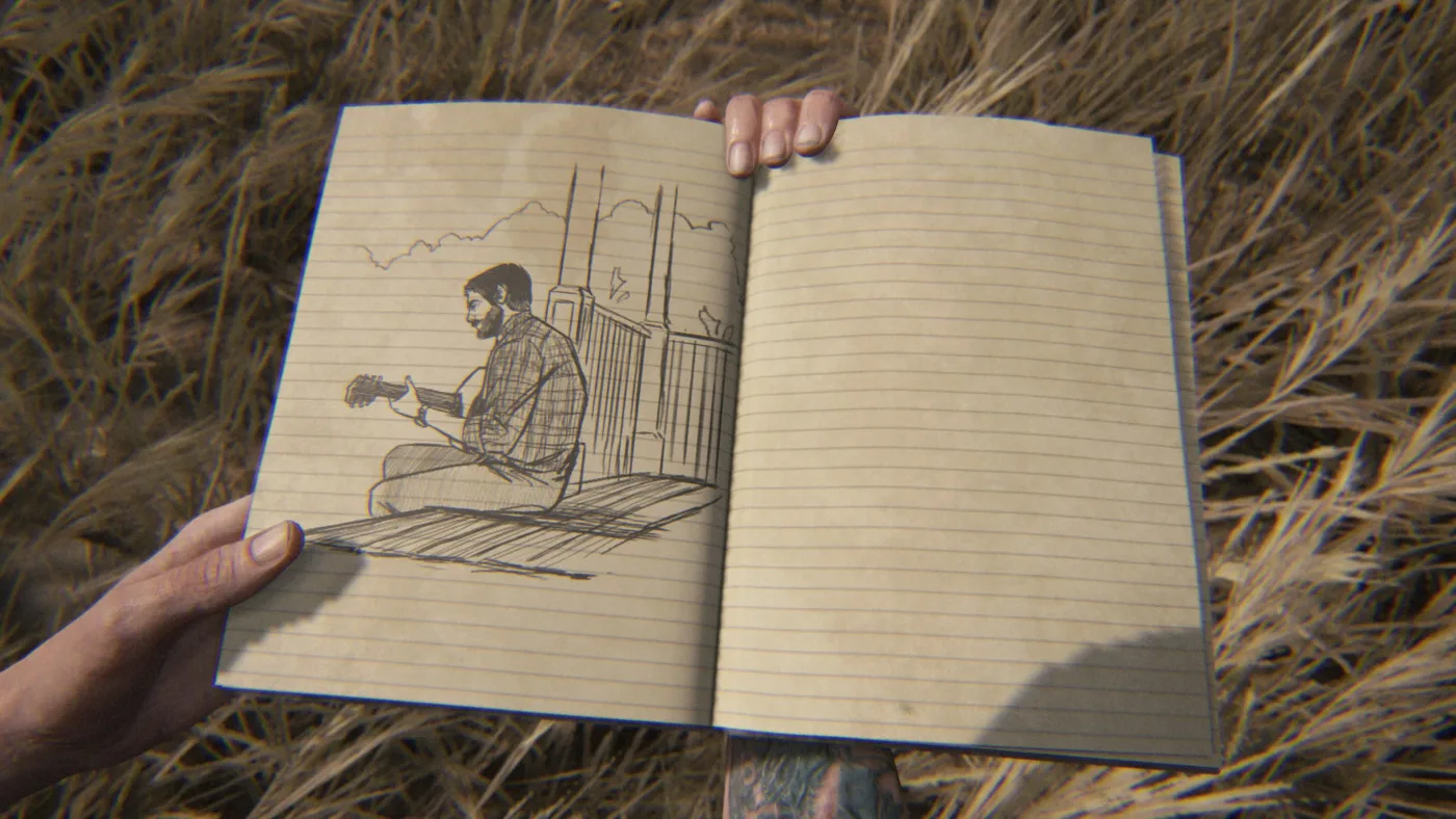 A page from Ellie's journal in The Last of Us Part II showing a hand-drawn portrait, one of the 20 journal entries the Archivist trophy requires.