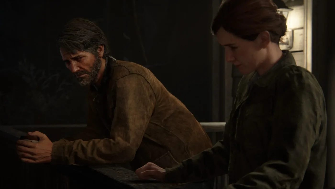 Joel's guitar left in the window of the empty farmhouse drawing room, the final shot of The Last of Us Part II.