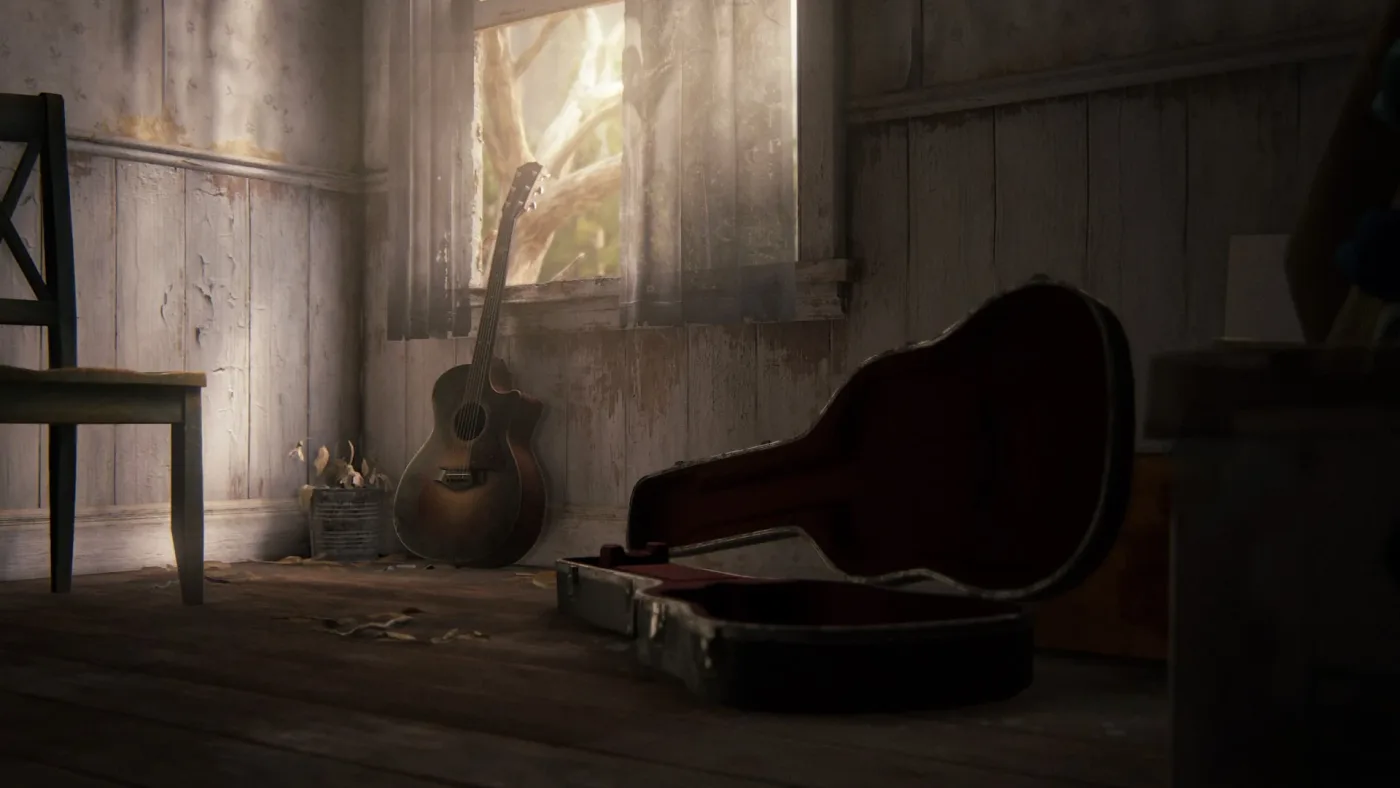 Joel's guitar standing alone by the window in the drawing room of Ellie and Dina's farmhouse, the last image before the credits roll in The Last of Us Part II.