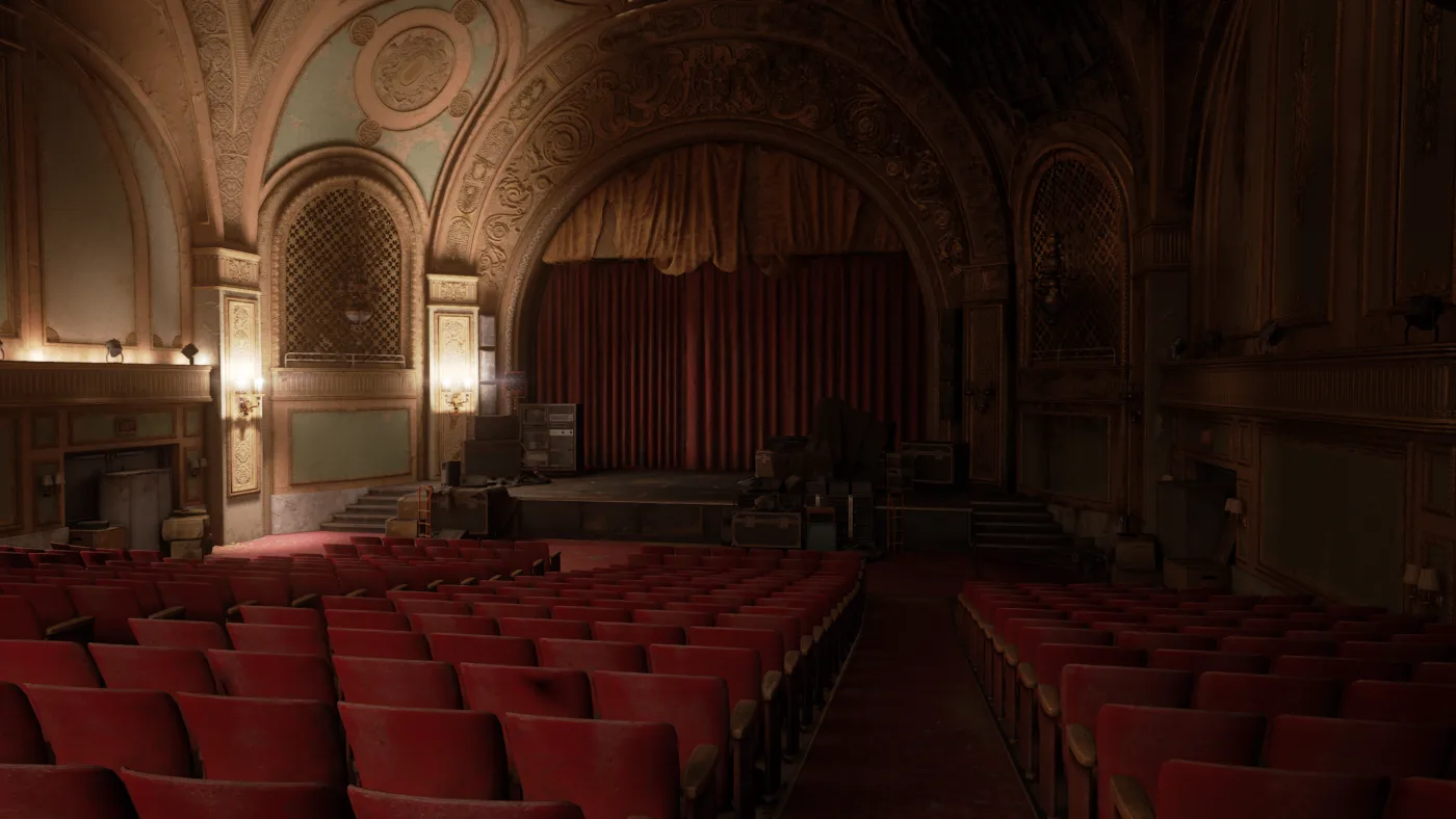 The stage inside the Pinnacle Theater in Seattle, one of the Guitar Free Play backdrops.