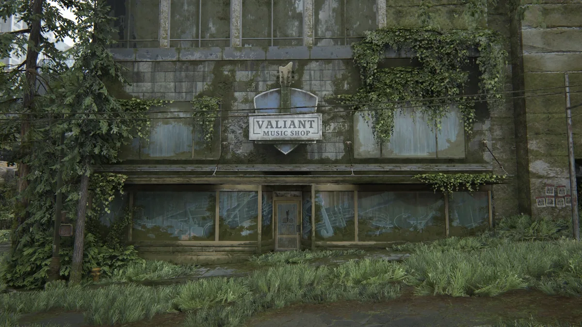 The interior of the Valiant Music Shop in Downtown Seattle, where Ellie plays guitar for Dina in The Last of Us Part II.
