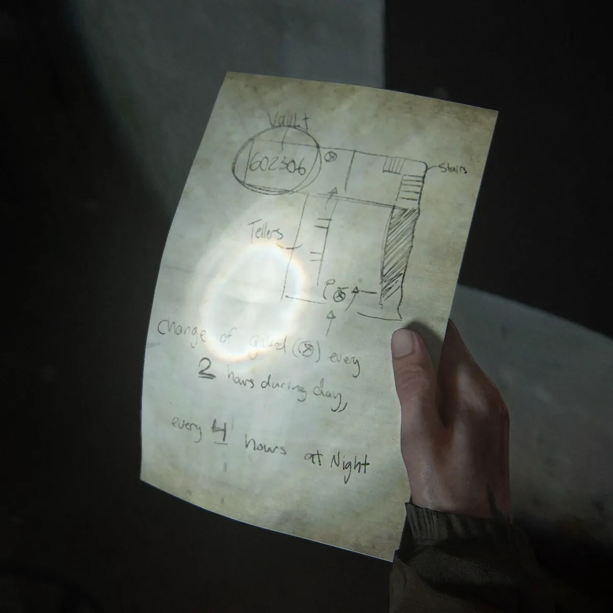 The hand-drawn bank heist plans from The Last of Us Part II, with the vault circled and 602306 written inside it, plus guard rotation notes.