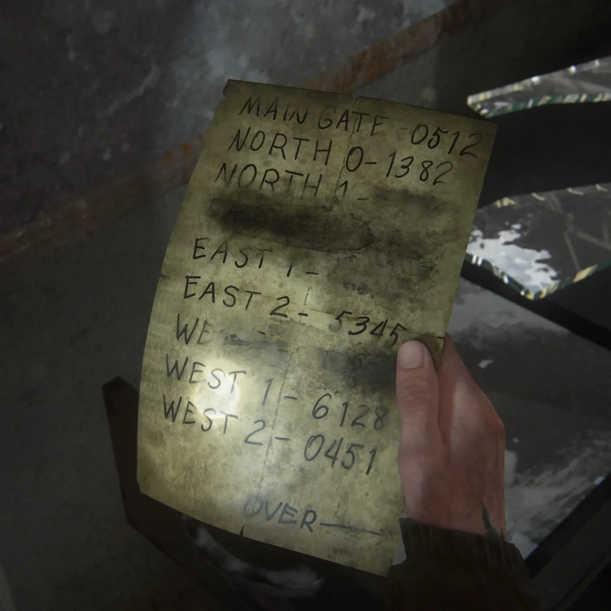 The checkpoint gate codes note listing MAIN GATE 0512, NORTH 0 1382, EAST 2 5345, WEST 1 6128 and WEST 2 0451.