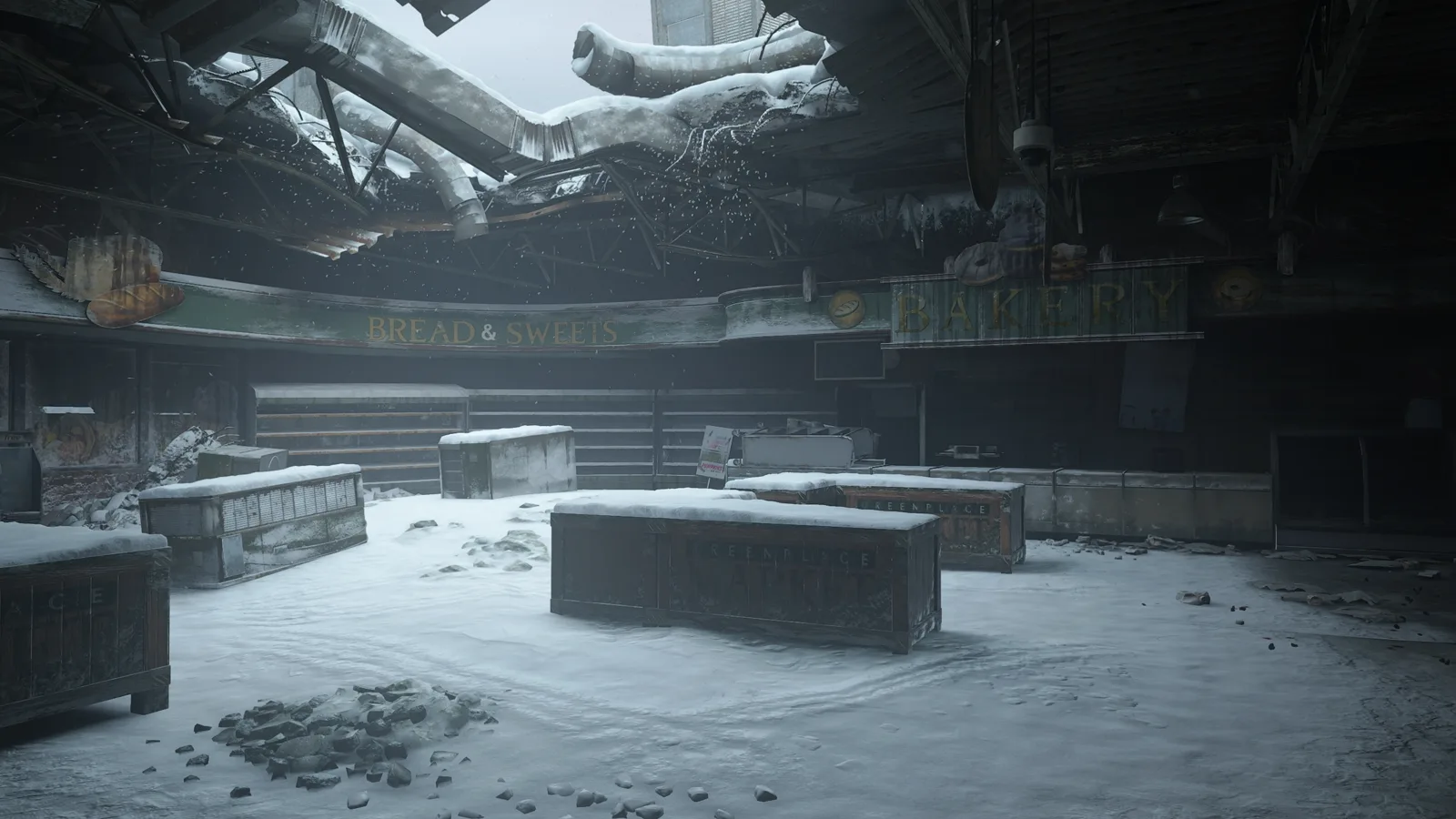The snow-filled interior of Greenplace Market in The Last of Us Part II's Jackson chapter — collapsed ceiling, Bread & Sweets and Bakery signage, and buried checkout counters near the game's first safe.