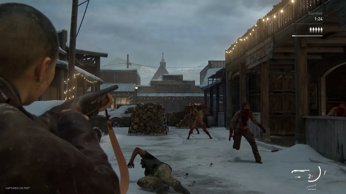 A No Return encounter in snowy Jackson in The Last of Us Part II Remastered: a survivor with a shaved head aims a shotgun down a street strung with fairy lights as infected run toward them, with a Survive countdown at 1:24 and a row of five figure icons in the top-right corner.