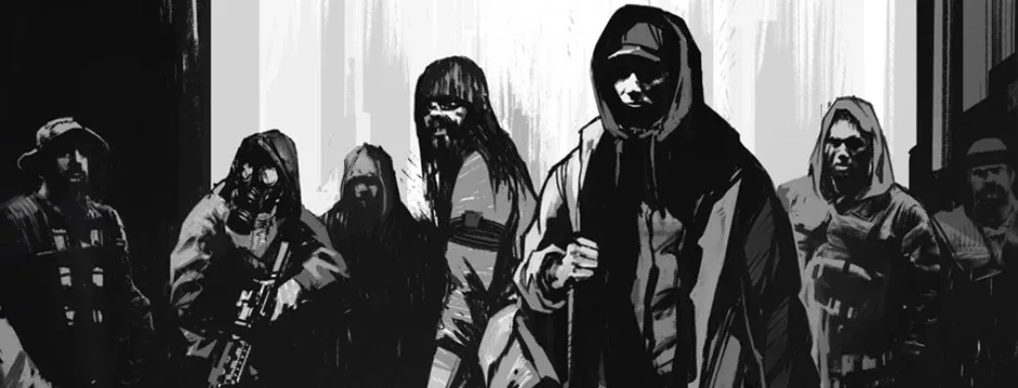 Stylised black-and-white artwork of the Factions multiplayer survivor crew in gas masks and hoods from The Last of Us.