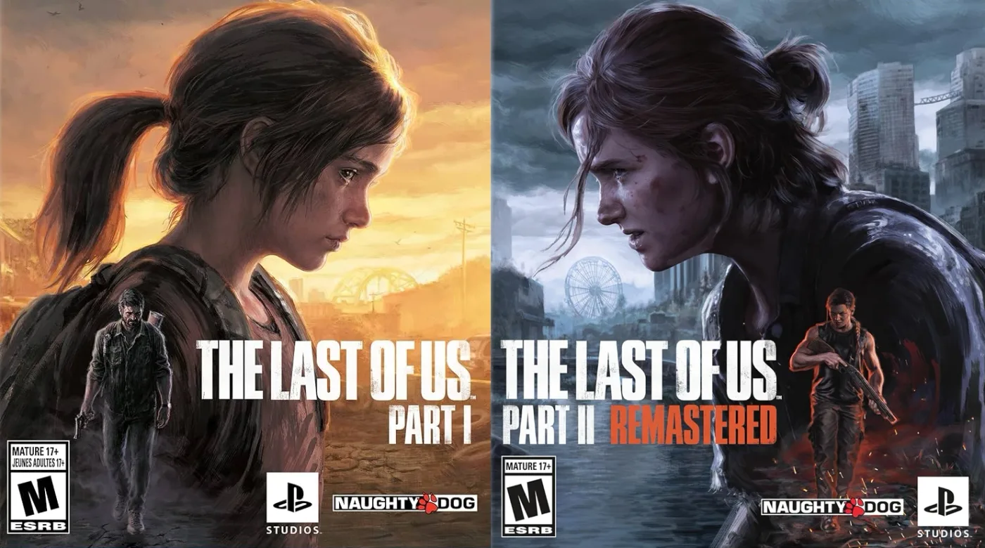 The PS5 cover art for The Last of Us Part I and The Last of Us Part II Remastered side by side, the two Ellies facing each other.