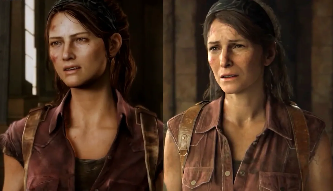 Side-by-side comparison of Tess in The Last of Us, the flatter 2013 face on the left and the more expressive Part I remake face on the right.