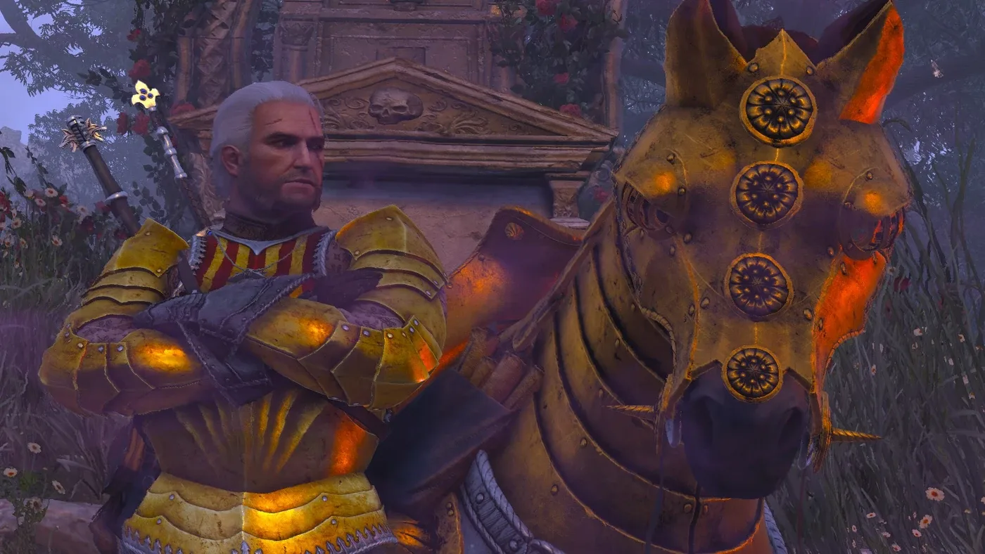 Geralt and Roach on the road in The Witcher 3.