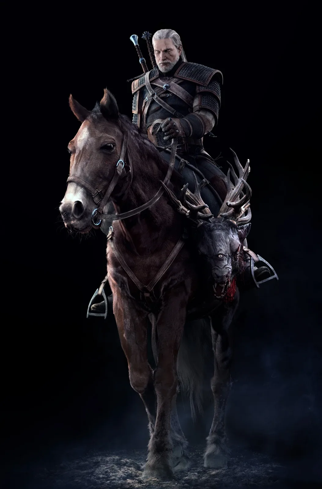 Geralt of Rivia riding Roach through the countryside in The Witcher 3: Wild Hunt.